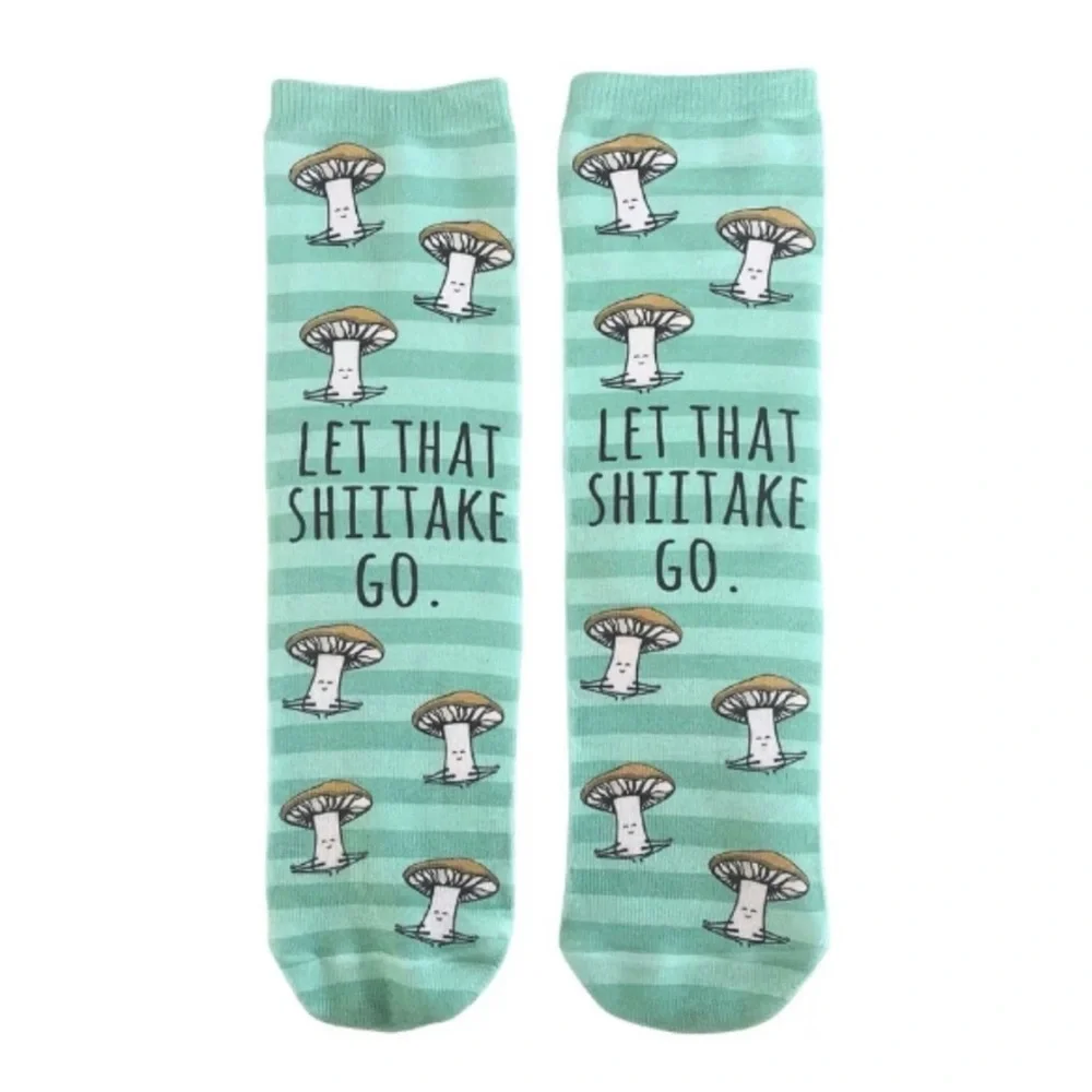 Let That Shitake Go Socks Mushroom Novelty Unisex Pun‎ Green Stripe One Size NWT